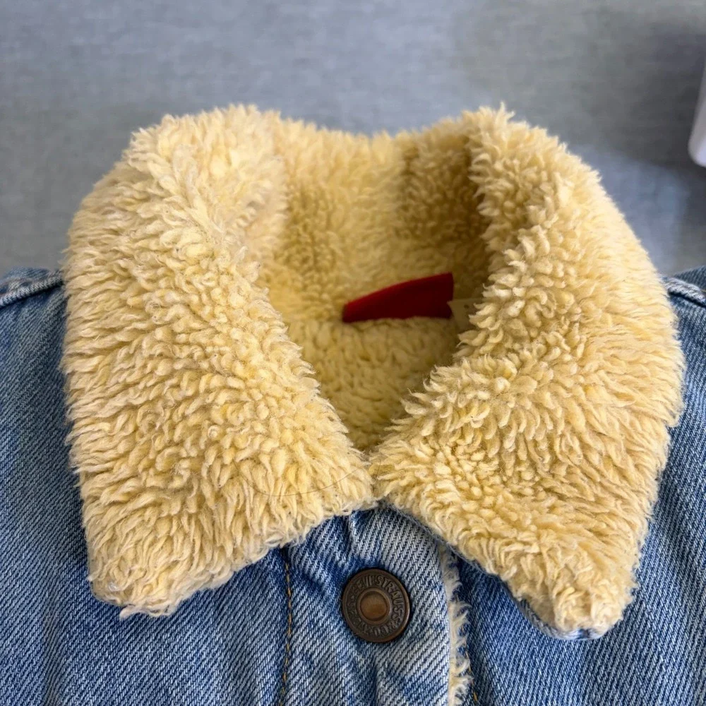 Levi's‎ Denim Trucker Jacket Kids Junior Medium Blue Sherpa Lined Y2K Vintage